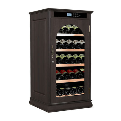 Buon prezzo Gabinetto per il raffreddamento del vino in legno nero indipendente con elegante porta in vetro ad arco e tecnologia di controllo del clima in linea