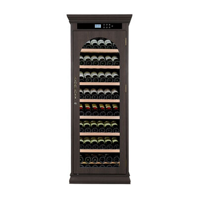 Buon prezzo Gabinetto per il raffreddamento del vino in legno massello marrone scuro con porta in vetro ad arco e pannello di controllo digitale in linea