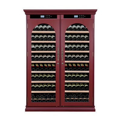 Buon prezzo Gabinetto di raffreddamento del vino a doppia zona di grado commerciale con costruzione in legno massello e porta di vetro ad arco in linea
