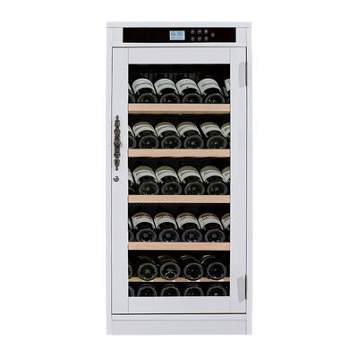 Buon prezzo Elegante armadietto di vino in legno bianco con ripiani regolabili con touch panel digitale e luce interna LED in linea